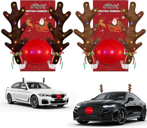ovsor 2 Sets Christmas Antlers - Reindeer & Nose for Christmas Car Decorations, 6 in 1 Rudolph Set Reindeer Ornament Costume Auto Accessories for Any Vehicle Decor (Brown, Black-Brown) in Saudi Arabia