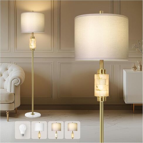 Natural Alabaster Floor Lamp for Living Room,Gold Floor Lamp with Glass Tray,Tall Lamps with Night Light,Linen Shade,4-Way Rotary Switch,Marble Base Standing Lamp for Bedroom,Office(Bulb Included) in Kuwait