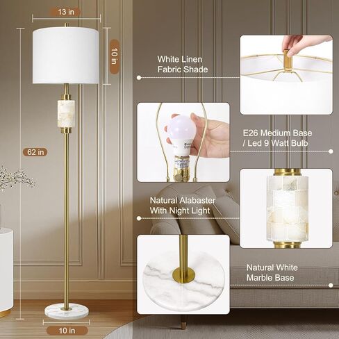 Natural Alabaster Floor Lamp for Living Room,Gold Floor Lamp with Glass Tray,Tall Lamps with Night Light,Linen Shade,4-Way Rotary Switch,Marble Base Standing Lamp for Bedroom,Office(Bulb Included) in Kuwait