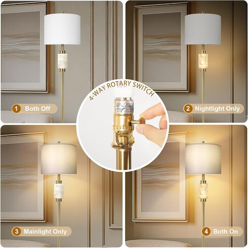 Natural Alabaster Floor Lamp for Living Room,Gold Floor Lamp with Glass Tray,Tall Lamps with Night Light,Linen Shade,4-Way Rotary Switch,Marble Base Standing Lamp for Bedroom,Office(Bulb Included) in Kuwait