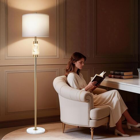 Natural Alabaster Floor Lamp for Living Room,Gold Floor Lamp with Glass Tray,Tall Lamps with Night Light,Linen Shade,4-Way Rotary Switch,Marble Base Standing Lamp for Bedroom,Office(Bulb Included) in Kuwait