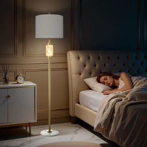 Natural Alabaster Floor Lamp for Living Room,Gold Floor Lamp with Glass Tray,Tall Lamps with Night Light,Linen Shade,4-Way Rotary Switch,Marble Base Standing Lamp for Bedroom,Office(Bulb Included) in Kuwait