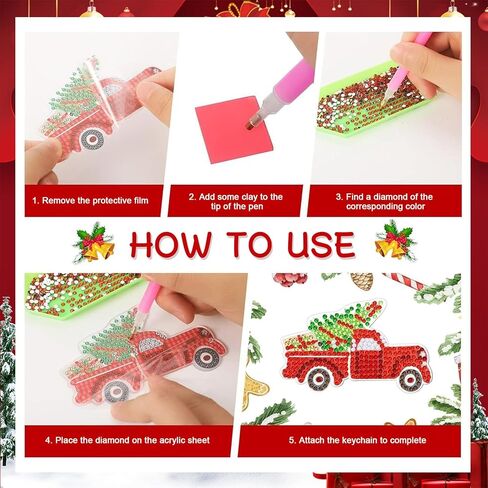 12 قطعة من زخارف عيد الميلاد الفنية الماسية مزدوجة الجوانب - سلاسل مفاتيح مطلية بالماس 5D DIY وحرف معلقة للبالغين والأطفال، ديكور عيد الميلاد، لوازم فنية من حجر الراين الكريستالي in Saudi Arabia