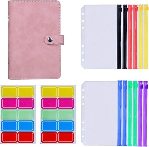 12Pcs A6 Colorful Zipper Loose-Leaf Bag with PU Leather Notebook Binder Cover Waterproof Cash Budget Envelope System(Pink) in Saudi Arabia