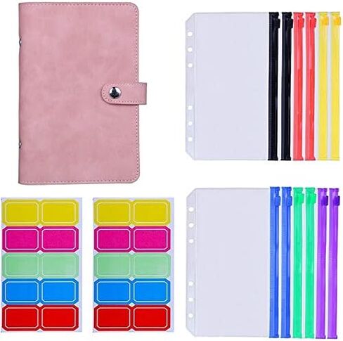 12Pcs A6 Colorful Zipper Loose-Leaf Bag with PU Leather Notebook Binder Cover Waterproof Cash Budget Envelope System(Pink) in Saudi Arabia