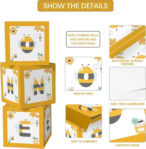 Bee First Birthday Party Balloon Boxes Supplies - 3 Pcs Honey Bumble Theme Happy 1st Bee Day Birthday Party Decorations One Balloon Box Backdrop Block in Saudi Arabia