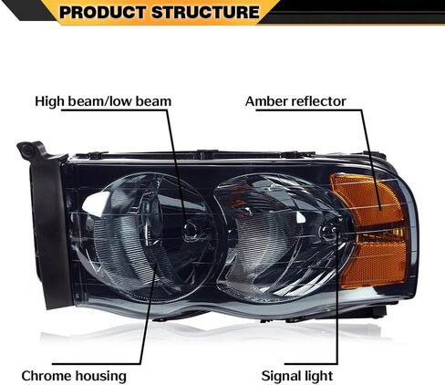 Headlights Assembly Compatible with Dodge Ram 1500 2002-2005/Fit Dodge Ram 2500 3500 2003-2005 Corner Lamps Smoky lens Chrome Housing Amber Reflector in Saudi Arabia