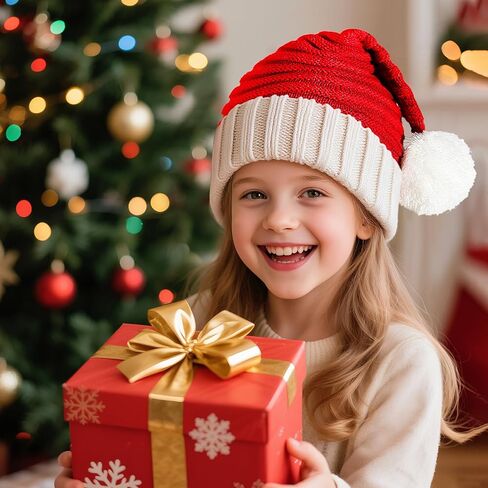 Santa Hat Christmas Hat for Adults, Red Knitted Beanie Hat with Pompom, Unisex Xmas Holiday Hat with Gift Box for Christmas New Year Festive Party Supplies in Saudi Arabia