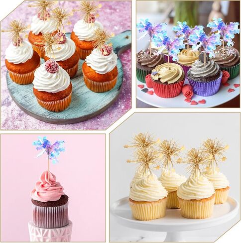 40 Pcs Foil Firework Cupcake Toppers Fireworks Cupcake Picks Happy Birthday Cake Toppers Sparkle Tinsel Cake Decorations Cocktail Fruit Toothpick for Graduation Birthday Wedding Party Supplies in Saudi Arabia