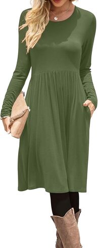 DB MOON Women Casual Long Sleeve Dresses Empire Waist Knee Length Loose Dress with Pockets in Kuwait