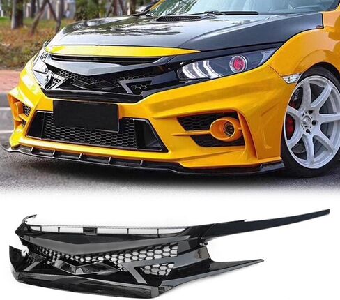 G-PLUS Front Bumper Grill & 2 PCS Eye Lid Compatible with Honda Civic 10th Gen 2016 2017 2018 Front Upper Hood Grille Factory Style ABS Plastic in Saudi Arabia