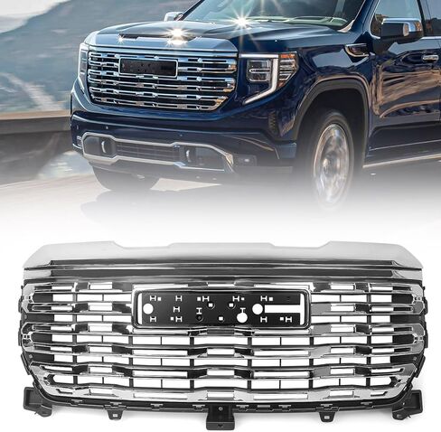 مجموعة مصبغة 2 قطعة متوافقة مع GMC Sierra 1500 Denali 2022 2023 2024 غطاء محرك السيارة شبكة المصد الأمامي الشواية العلوية مع فتحة الكاميرا + لوحة انزلاقية سفلية ستارة سوداء in Saudi Arabia