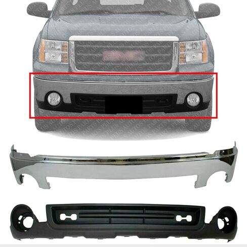Front Bumper Face Bar Chrome Steel + Lower Valance Air Deflector Textured with Fog Light Holes Direct Replacement Compatible With GMC Sierra 1500 2007-2013 GM1015100 GM1002833 in Saudi Arabia