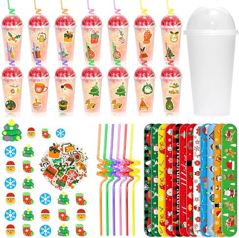 25 Set Christmas Party Favors Cup Set, Classroom Christmas Gifts for Students Include Cups, Lids, Straws, Erasers, Sticke, Slap Bracelets, Affia Grass, Xmas Stationery Gifts Bulk from Teacher in Saudi Arabia