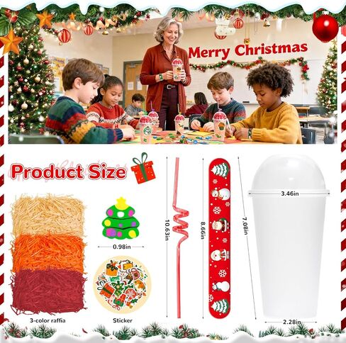 25 Set Christmas Party Favors Cup Set, Classroom Christmas Gifts for Students Include Cups, Lids, Straws, Erasers, Sticke, Slap Bracelets, Affia Grass, Xmas Stationery Gifts Bulk from Teacher in Saudi Arabia