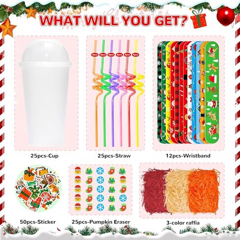 25 Set Christmas Party Favors Cup Set, Classroom Christmas Gifts for Students Include Cups, Lids, Straws, Erasers, Sticke, Slap Bracelets, Affia Grass, Xmas Stationery Gifts Bulk from Teacher in Saudi Arabia