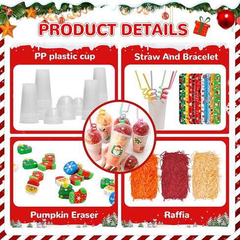 25 Set Christmas Party Favors Cup Set, Classroom Christmas Gifts for Students Include Cups, Lids, Straws, Erasers, Sticke, Slap Bracelets, Affia Grass, Xmas Stationery Gifts Bulk from Teacher in Saudi Arabia