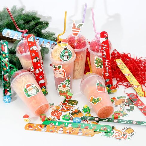 25 Set Christmas Party Favors Cup Set, Classroom Christmas Gifts for Students Include Cups, Lids, Straws, Erasers, Sticke, Slap Bracelets, Affia Grass, Xmas Stationery Gifts Bulk from Teacher in Saudi Arabia