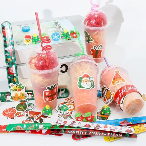 25 Set Christmas Party Favors Cup Set, Classroom Christmas Gifts for Students Include Cups, Lids, Straws, Erasers, Sticke, Slap Bracelets, Affia Grass, Xmas Stationery Gifts Bulk from Teacher in Saudi Arabia
