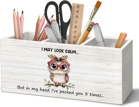 منظم حامل أقلام بومة مضحكة لملحقات المكتب، قد أبدو هادئًا ومضحكًا صندوق خشبي لافتة ديكورات مكتب لغرفة النوم المنزلية وديكور المكتب، هدايا لمحبي البومة للنساء in Kuwait