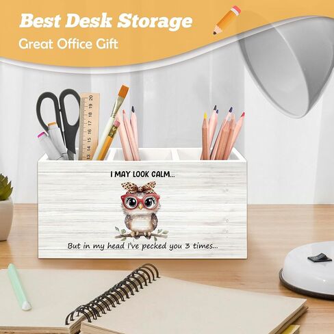 منظم حامل أقلام بومة مضحكة لملحقات المكتب، قد أبدو هادئًا ومضحكًا صندوق خشبي لافتة ديكورات مكتب لغرفة النوم المنزلية وديكور المكتب، هدايا لمحبي البومة للنساء in Kuwait