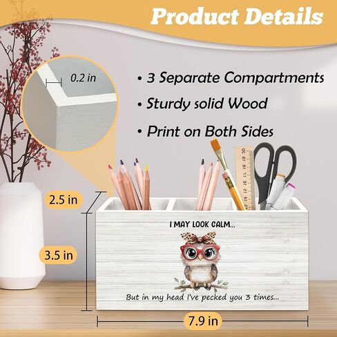 منظم حامل أقلام بومة مضحكة لملحقات المكتب، قد أبدو هادئًا ومضحكًا صندوق خشبي لافتة ديكورات مكتب لغرفة النوم المنزلية وديكور المكتب، هدايا لمحبي البومة للنساء in Kuwait