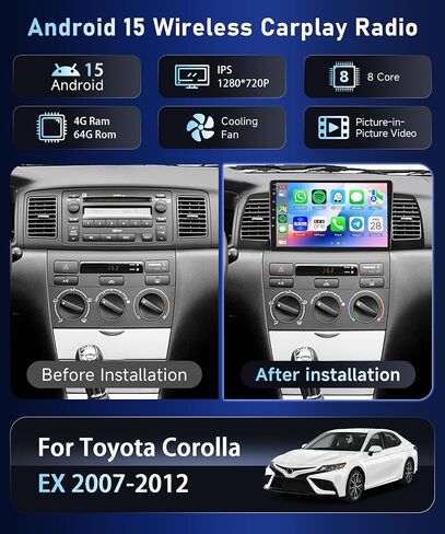 【2+64G】 for Toyota Corolla EX E120 E130 2007-2012 Android Car Radio Stereo,Wireless Carplay Android Auto 9"Touch Screen Bluetooth Car Audio Receiver Support GPS WiFi Backup Camera FM/RDS HiFi SWC in Kuwait