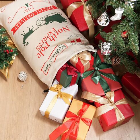 JOYIN عيد الميلاد حقيبة هدايا قماش كبيرة 26 "× 19"، الرباط الخيش سانتا كيس قابلة لإعادة الاستخدام حقيبة قماش شخصية لحزمة هدايا عيد الميلاد، لوازم الحفلات، ديكور Hoilday in Saudi Arabia