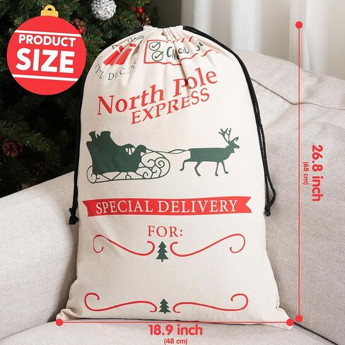 JOYIN عيد الميلاد حقيبة هدايا قماش كبيرة 26 "× 19"، الرباط الخيش سانتا كيس قابلة لإعادة الاستخدام حقيبة قماش شخصية لحزمة هدايا عيد الميلاد، لوازم الحفلات، ديكور Hoilday in Saudi Arabia