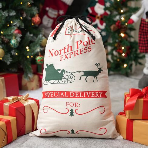 JOYIN عيد الميلاد حقيبة هدايا قماش كبيرة 26 "× 19"، الرباط الخيش سانتا كيس قابلة لإعادة الاستخدام حقيبة قماش شخصية لحزمة هدايا عيد الميلاد، لوازم الحفلات، ديكور Hoilday in Saudi Arabia
