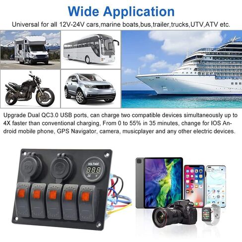 الأخضر 5 عصابة قارب مقاوم للماء لوحة التبديل البحرية الروك التبديل مع 12 فولت الفولتميتر نوع-C و QC 3.0 USB شحن المقبس لقارب السيارة in Kuwait