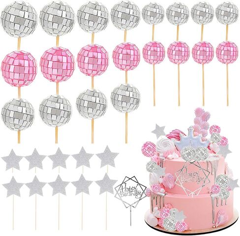 كرات ديسكو كعكة الزينة الفضة ديسكو الكرة كعكة القبعات العالية 31pcs مرآة كرات كعكة ديكور ديسكو موضوع كب كيك يختار عيد ميلاد سعيد نجمة كعكة توبر لعيد ميلاد لوازم حفلات الرقص in Kuwait