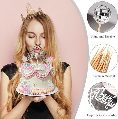 كرات ديسكو كعكة الزينة الفضة ديسكو الكرة كعكة القبعات العالية 31pcs مرآة كرات كعكة ديكور ديسكو موضوع كب كيك يختار عيد ميلاد سعيد نجمة كعكة توبر لعيد ميلاد لوازم حفلات الرقص in Kuwait