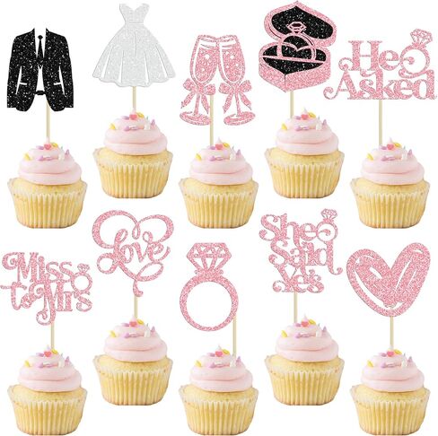 Gyufise 30Pcs She Said Yes Cupcake Toppers Glitter Diamond Ring I Do Love Cupcake Picks Miss to Mrs He Asked Bridal Shower Wedding Engagement Bachelorette Cake Decoration Black in Saudi Arabia