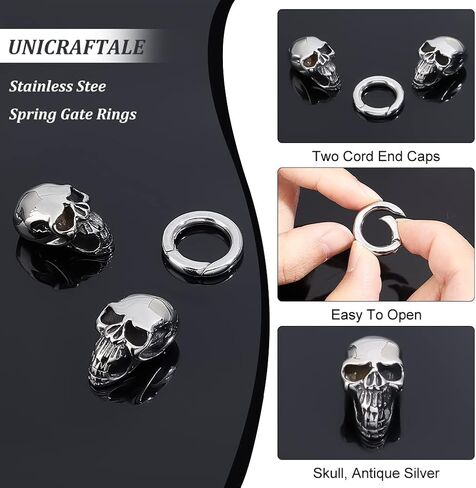 UNICRAFTALE 2Pcs Spring Gate Rings 304 Stainless Steel Tibetan Style Skull Spring Clasps Antique Silver 13mm Inner Diameter Carabiner Keyring Skeleton Snap Rings Buckle for Decoration Keychain Making in Saudi Arabia