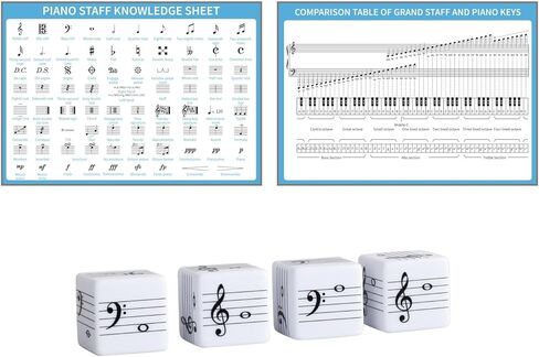 Piano Theory Chart and Large 25mm Music Theory Dice for Beginner Learner Learning Music, Educational Game for Quick Memorization & Fun Learning (4pcs Dice and Piano Theory Chart) in Saudi Arabia