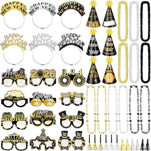 2026 New Years Eve Party Supplies Party Decoration Headband Tiara Glasses Cone Hat Blowouts Black Gold Favor in Saudi Arabia