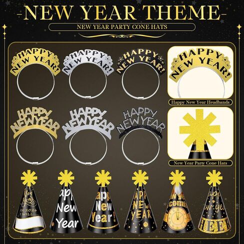 2026 New Years Eve Party Supplies Party Decoration Headband Tiara Glasses Cone Hat Blowouts Black Gold Favor in Saudi Arabia