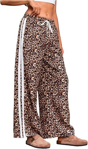 MakeMeChic Women's Leopard Print Drawstring Waist Sweatpants Loose Fit Wide Leg Jogger Pants in Kuwait
