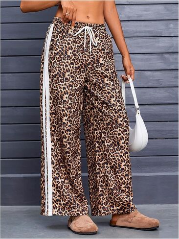 MakeMeChic Women's Leopard Print Drawstring Waist Sweatpants Loose Fit Wide Leg Jogger Pants in Kuwait