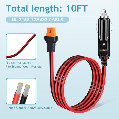 كابل شحن السيارة XT60i 12AWG 20 أمبير، قابس ولاعة سجائر 12 فولت 24 فولت إلى سلك XT60i لمحطات الطاقة ومولدات الطاقة الشمسية (10 أقدام) in Kuwait