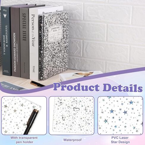 2 Pcs Composition Notebook Cover Clear 15.3 x 10 in Glitter Star Book Cover With Pen Holder Transparent PVC Jelly Notebook Cover Waterproof Plastic Protector for Office Home Journal Notebooks in Saudi Arabia