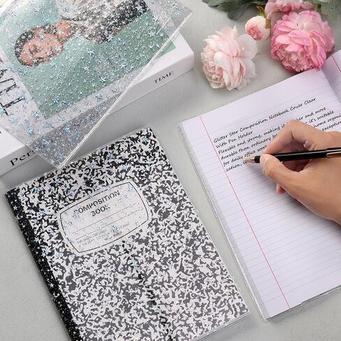 2 Pcs Composition Notebook Cover Clear 15.3 x 10 in Glitter Star Book Cover With Pen Holder Transparent PVC Jelly Notebook Cover Waterproof Plastic Protector for Office Home Journal Notebooks in Saudi Arabia