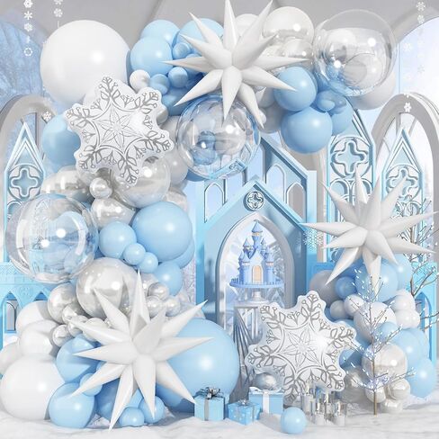 Blue White Christmas Balloon Arch Garland Kit 115Pcs Light Blue Pearl White and Transparent Xmas Balloons, White Snowflake Explosion Star Balloon for Winter Wonderland Holiday Christmas Decor in Kuwait