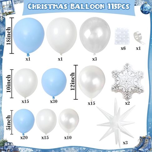 Blue White Christmas Balloon Arch Garland Kit 115Pcs Light Blue Pearl White and Transparent Xmas Balloons, White Snowflake Explosion Star Balloon for Winter Wonderland Holiday Christmas Decor in Kuwait