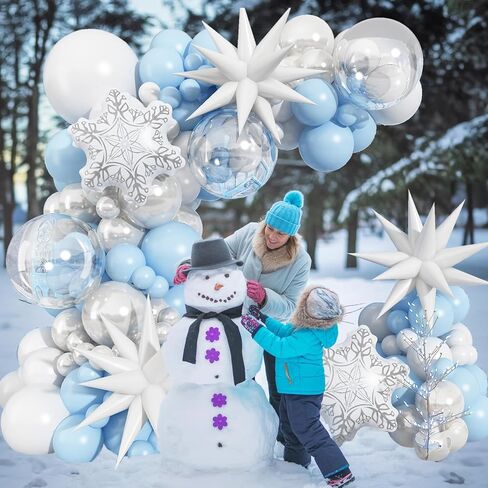 Blue White Christmas Balloon Arch Garland Kit 115Pcs Light Blue Pearl White and Transparent Xmas Balloons, White Snowflake Explosion Star Balloon for Winter Wonderland Holiday Christmas Decor in Kuwait