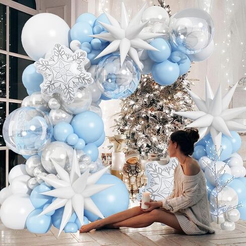 Blue White Christmas Balloon Arch Garland Kit 115Pcs Light Blue Pearl White and Transparent Xmas Balloons, White Snowflake Explosion Star Balloon for Winter Wonderland Holiday Christmas Decor in Kuwait