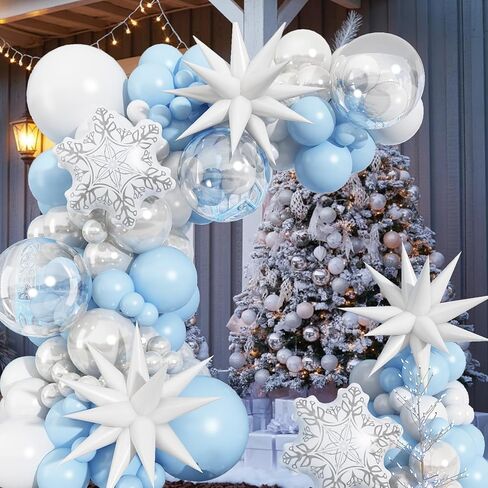 Blue White Christmas Balloon Arch Garland Kit 115Pcs Light Blue Pearl White and Transparent Xmas Balloons, White Snowflake Explosion Star Balloon for Winter Wonderland Holiday Christmas Decor in Kuwait