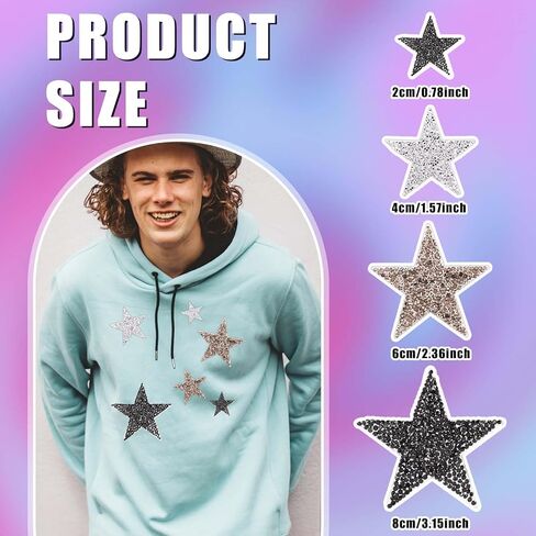 24pcs Star Iron-On Applique, Small Silver Star Sequin Iron-On Rhinestone Sew On Star Applique Patch for Clothing Jeans Hat Shoe Bag Repair Decoration Accessories 0.79/1.58/2.36/3.15inch (2/4/6/8cm) in Saudi Arabia