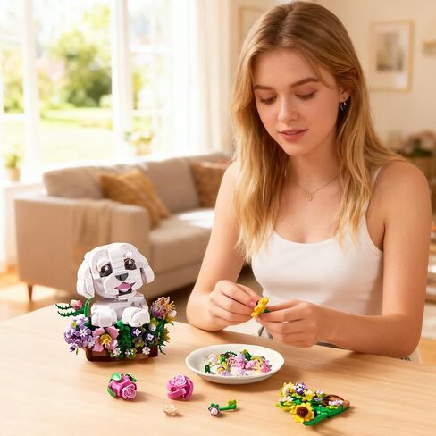 Adorable Dogs Bouquet Succulent Building Blocks,Compatible with Lego Adorable Dogs Artificial Flowers Bonsai,Creative Plants and Animals Decoration Building Toy,Gift for Adults Kids in Saudi Arabia